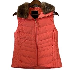 Talbots Down Faux Fur Trim Vest In Coral/Light Orange Size MP